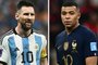 (COMBO) This combination photo created on December 15, 2022 during the Qatar 2022 World Cup football tournament shows Argentinas forward #10 Lionel Messi in Lusail, north of Doha on December 13, 2022 (L) andFrances forward #10 Kylian Mbappe in Al Khor, north of Doha on December 14, 2022. - Argentina will play France in the Qatar 2022 World Cup football final match in Doha on December 18, 2022. (Photo by Gabriel BOUYS and Jewel SAMAD / AFP)Editoria: SPOLocal: DohaIndexador: GABRIEL BOUYSSecao: soccerFonte: AFPFotógrafo: STF<!-- NICAID(15296685) -->
