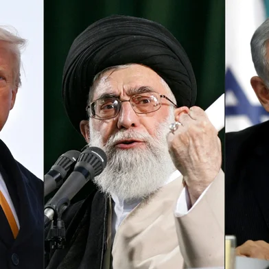 (FILES) This combination of pictures created on June 18, 2025 shows: US President Donald Trump pumping his fist as he boards Air Force One at Joint Base Andrews in Maryland on March 7, 2025; Irans supreme leader Ayatollah Ali Khamenei delivering a speech in Tehran on June 4, 2007; Israeli Prime Minister Benjamin Netanyahu gesturing as he delivers a speech in Jerusalem on August 27, 2014. The UN nuclear watchdog said Israeli strikes on June 18 destroyed two buildings making centrifuge components for Irans nuclear programme near Tehran, while Iran said it fired hypersonic missiles as the arch foes traded fire for a sixth day. Hours after US President Donald Trump demanded Irans surrender, supreme leader Ayatollah Ali Khamenei vowed his country would show no mercy towards Israels leadership. (Photo by AFP)Editoria: POLLocal: NicosiaIndexador: ROBERTO SCHMIDTSecao: diplomacyFonte: AFPFotógrafo: STR<!-- NICAID(16062905) -->