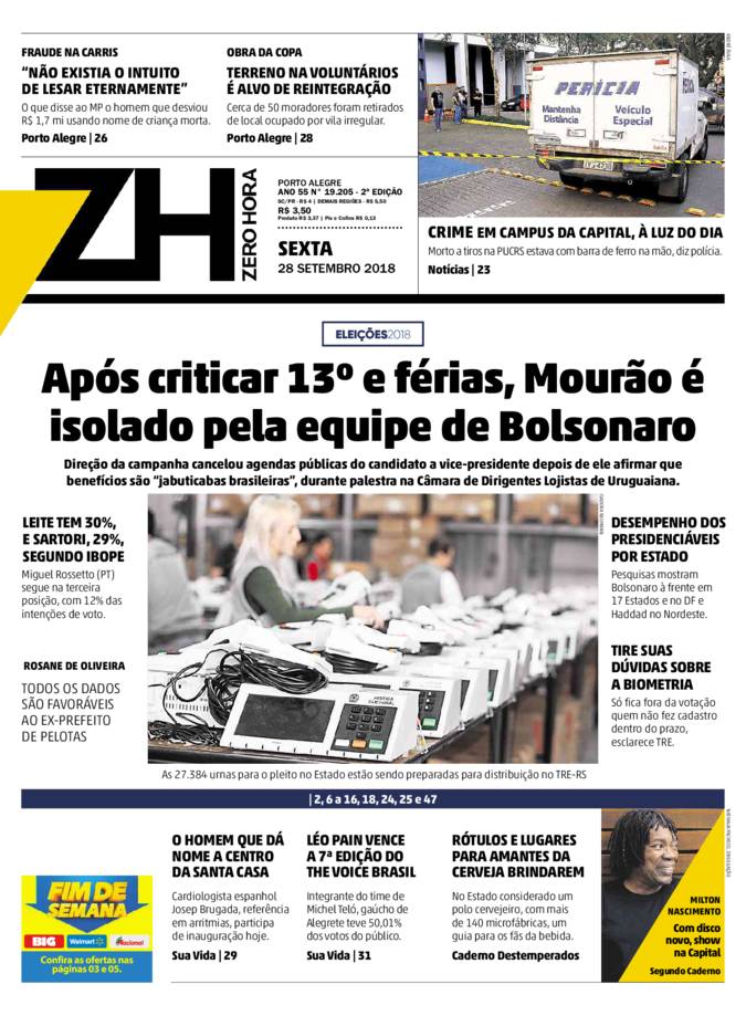Capa da ZH de hoje 28/09/2018